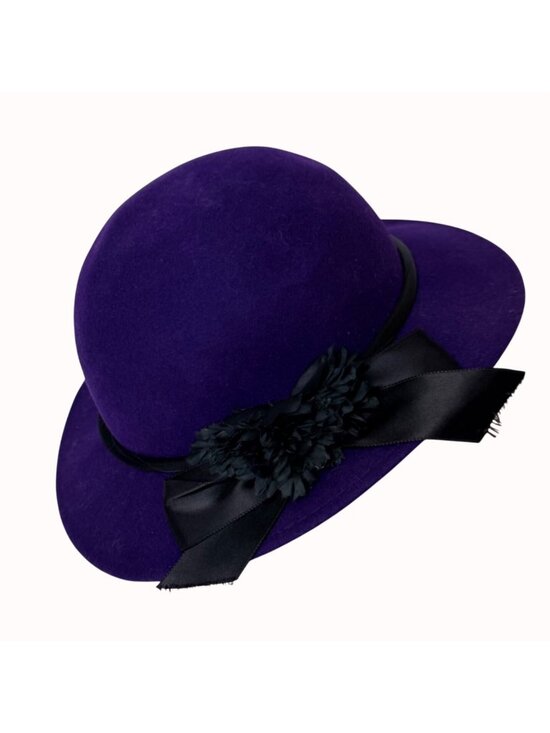 Vintage Purple Felt Wide Brim Hat Wool Head Hugger USA Black Ribbon Church main image 14